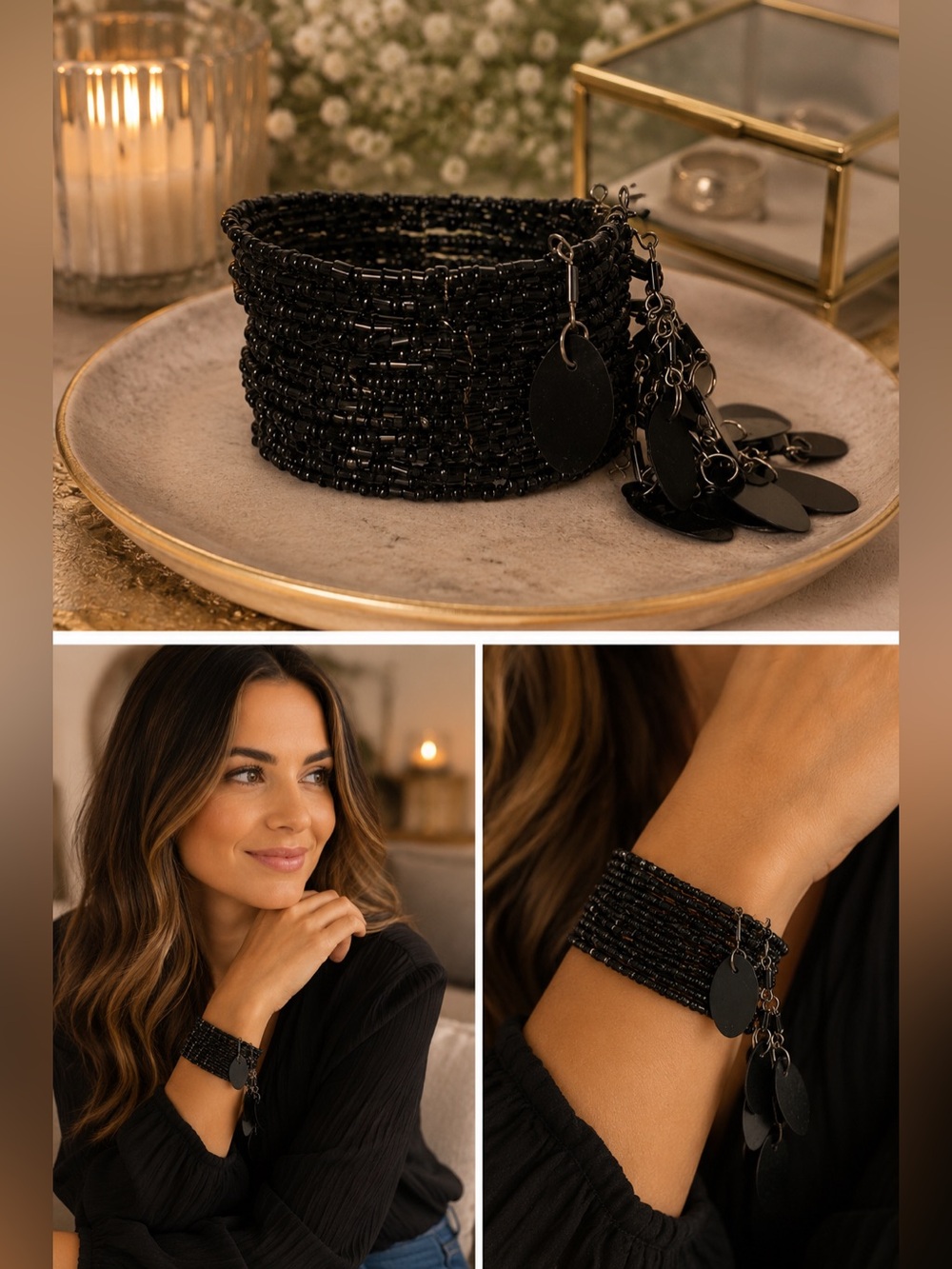 Vintage Black Seed Bead Wire Cuff Bracelet Boho Statement Bangle